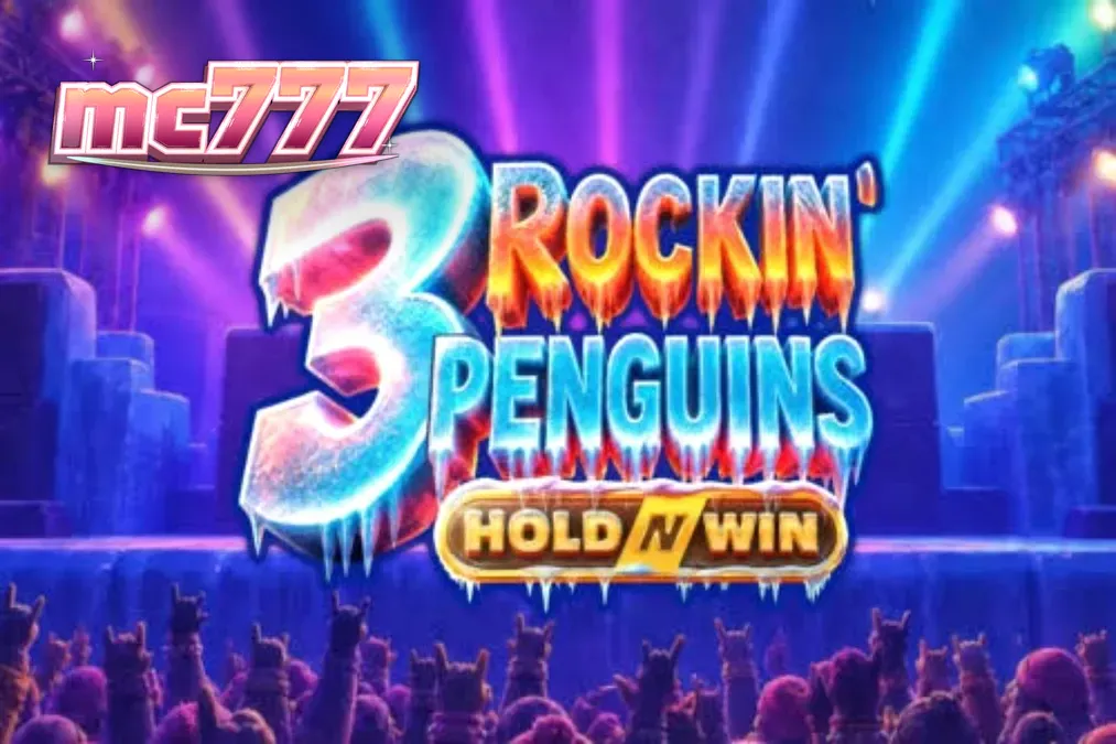 Tampilan visual slot 3 Rockin’ Penguins dengan tema konser penguin punk-rock